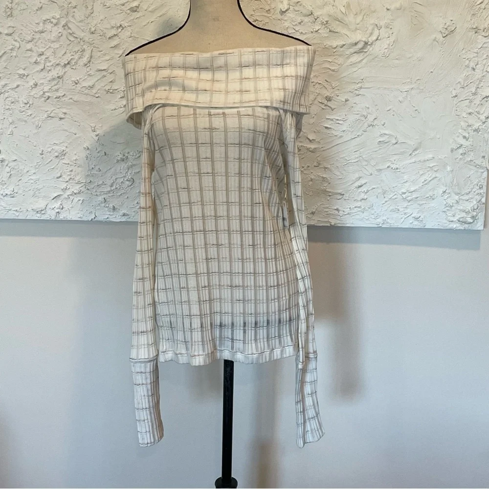 FREE PEOPLE Snowbunny Striped Off the Shoulder Metallic Long Sleeve Top L NWT.